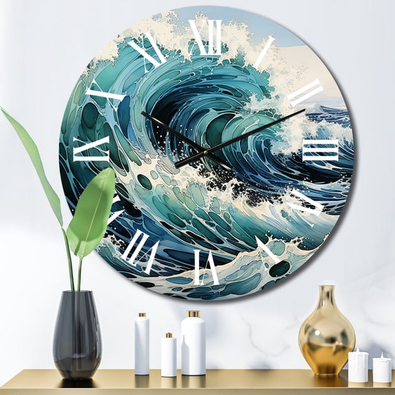 Designart "Of Wonder Coastal waves Waves painting VI" Nautical & Beach Oversized Wall Clock