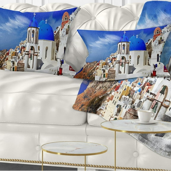 Designart Oia Village Greece Panorama - Landscape Printed Throw Pillow - 12x20