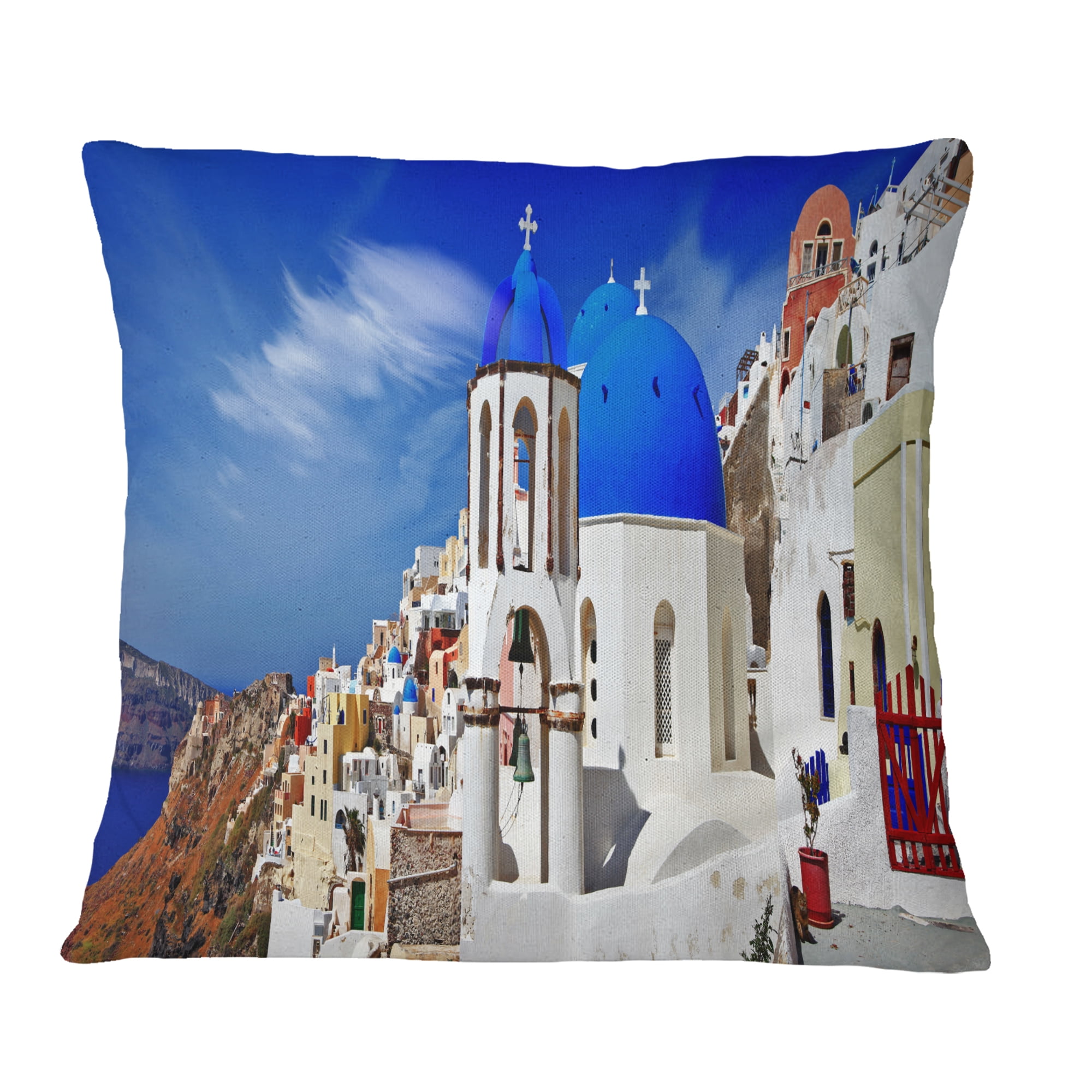 Designart Oia Village Greece Panorama - Landscape Printed Throw Pillow - 18x18