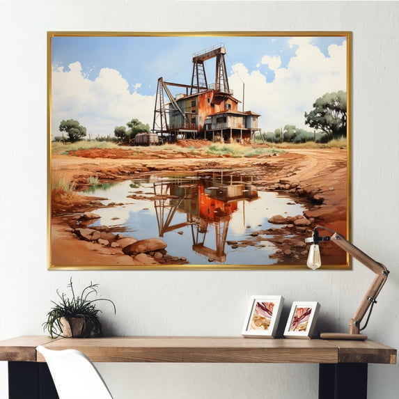 Designart "Oil Rig in Texas Beige" Oil Rigs / Fields Floater Framed Wall Art Living Room