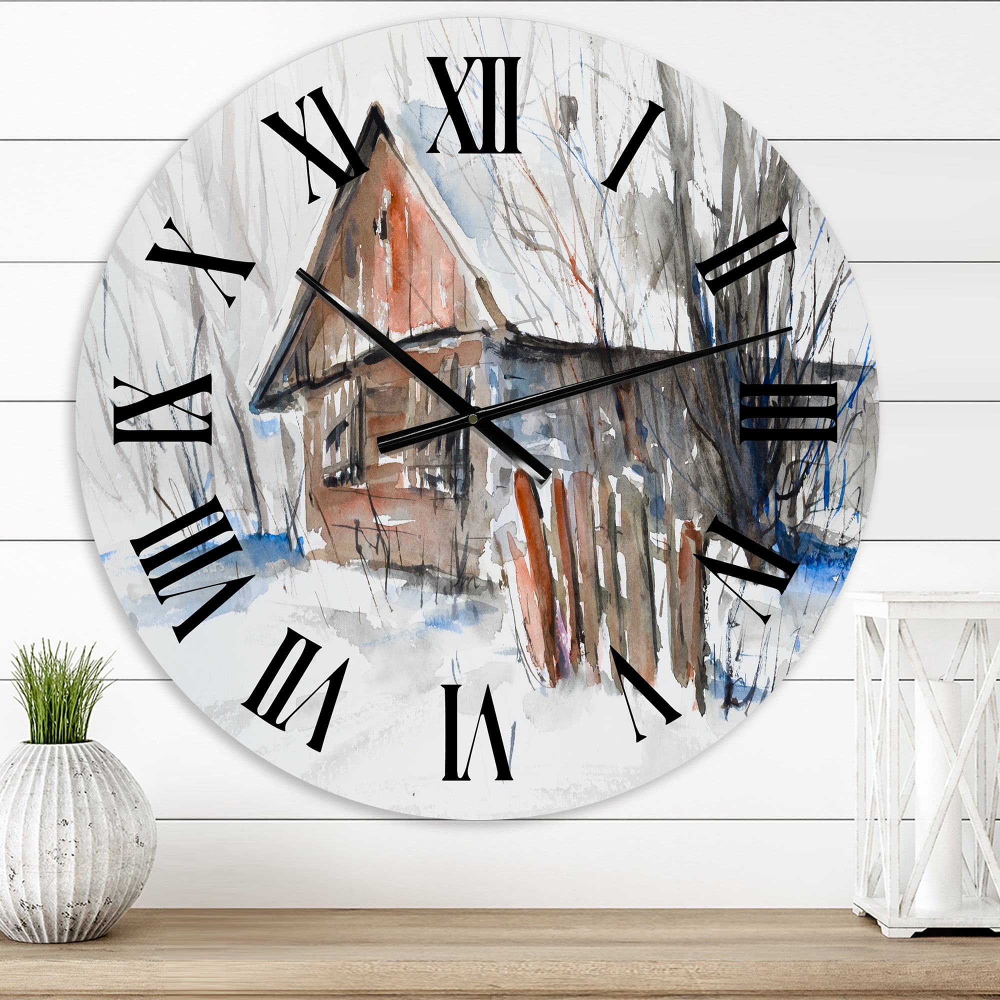 Designart 'Old Abandoned Wooden House In Winter Picture' Traditional Wall Clock