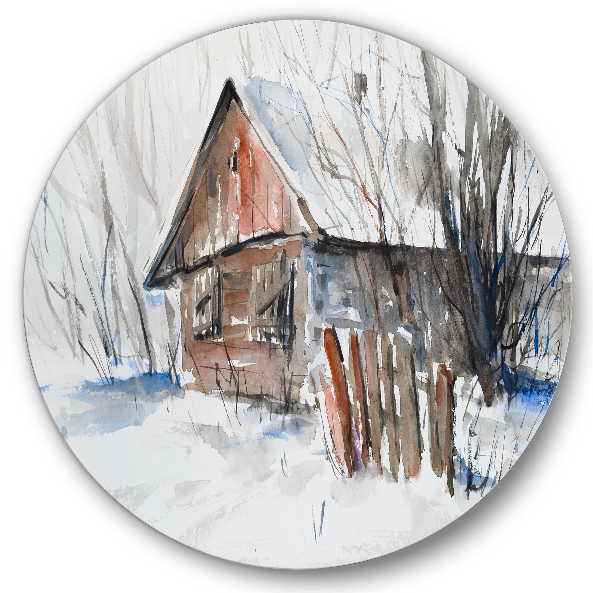 Designart 'Old Abandoned Wooden House In Winter Snow Picture' Traditional Circle Metal Wall Art 29x29 - Disc of 29
