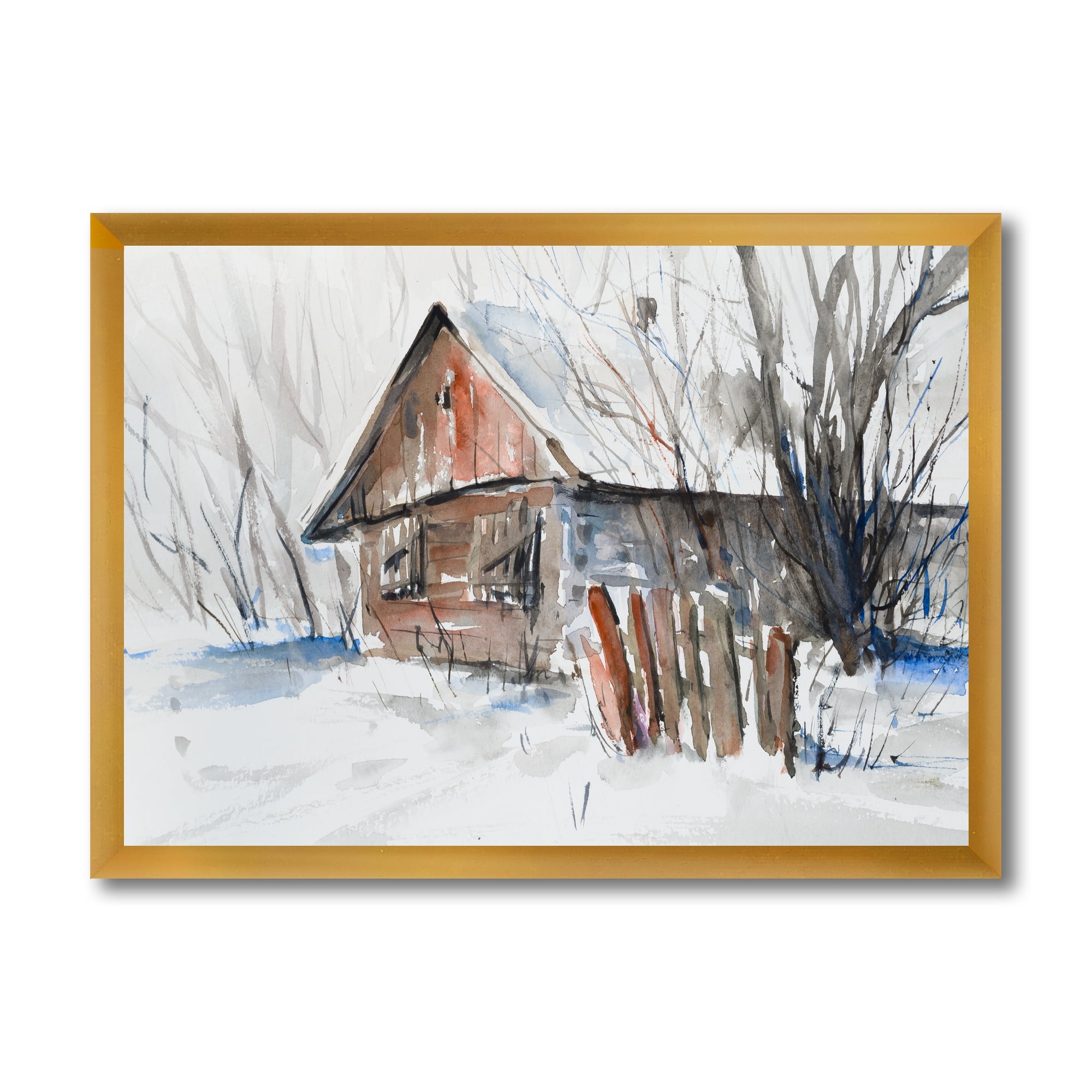 Designart 'Old Abandoned Wooden House In Winter Snow Picture' Traditional Framed Art Print