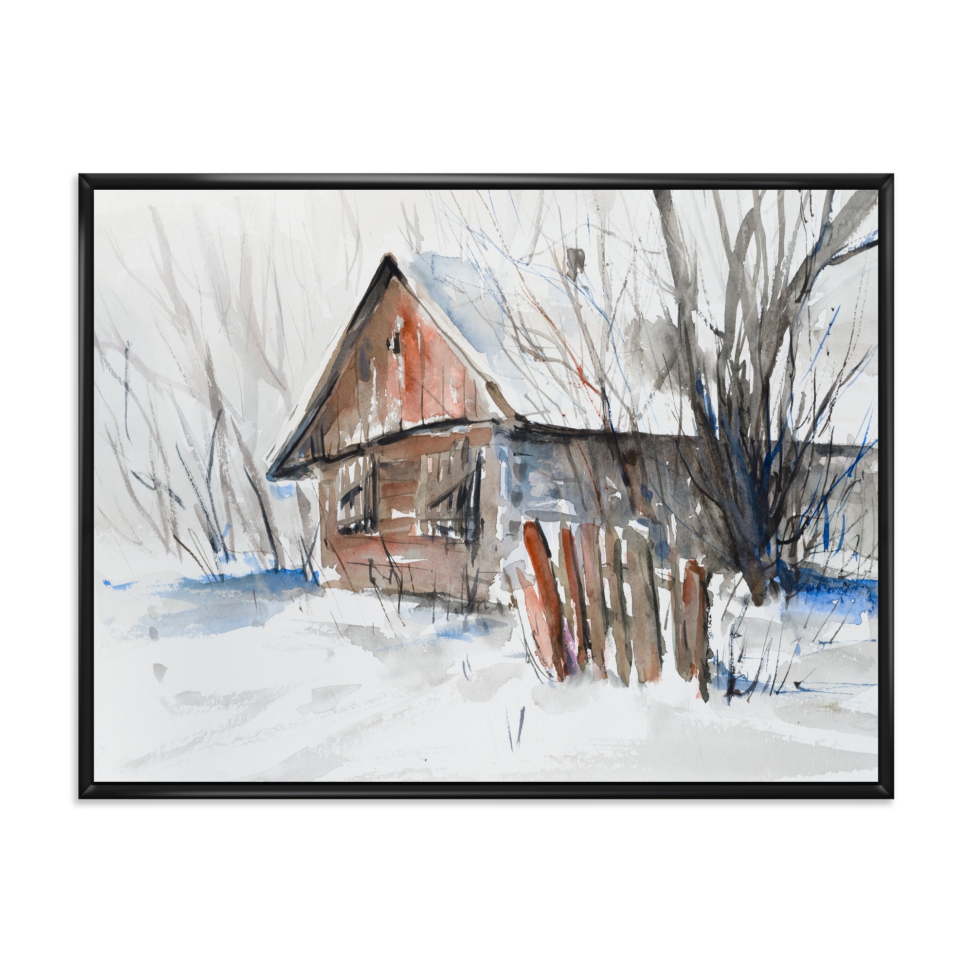 Designart 'Old Abandoned Wooden House In Winter Snow Picture' Traditional Framed Canvas Wall Art Print