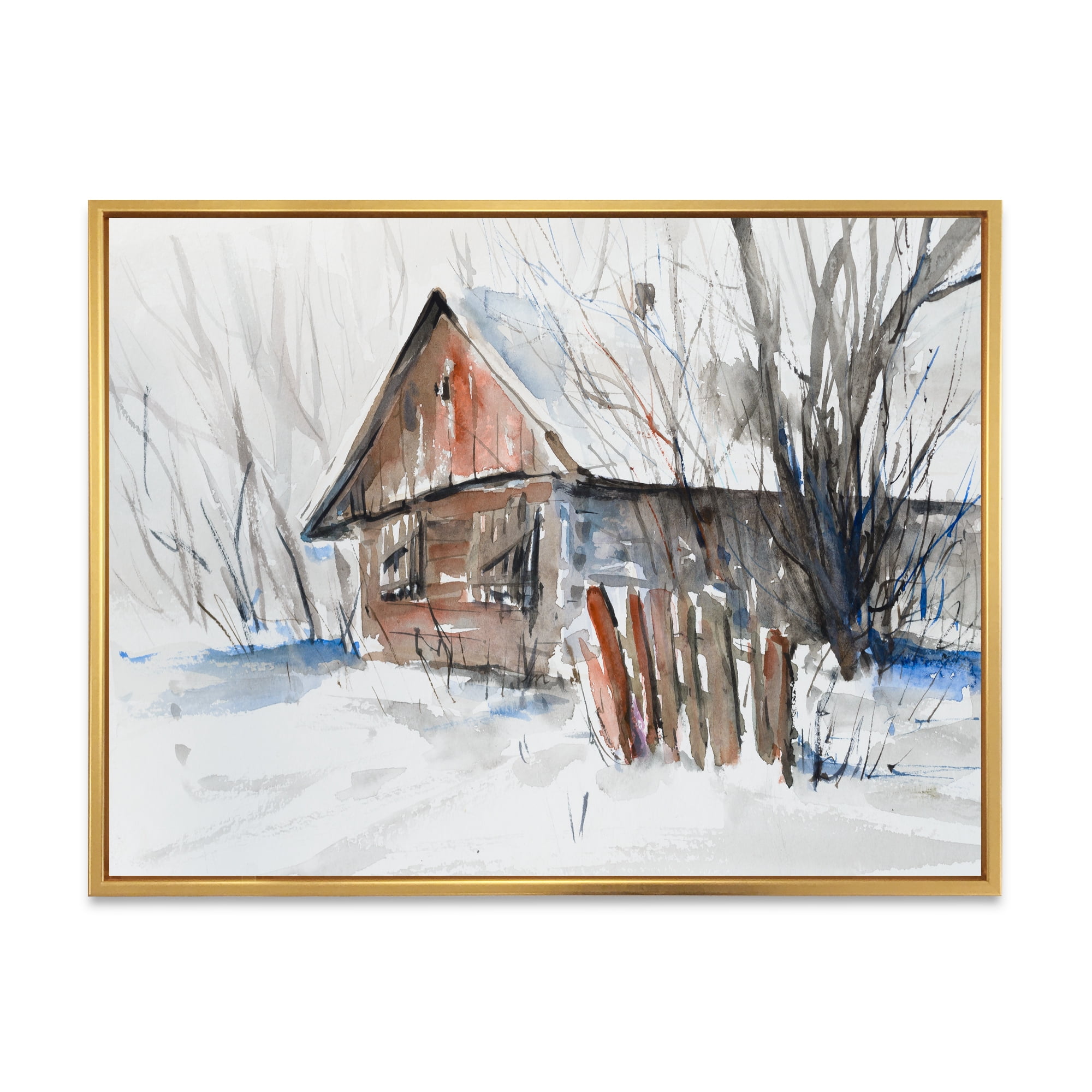 Designart 'Old Abandoned Wooden House In Winter Snow Picture' Traditional Framed Canvas Wall Art Print