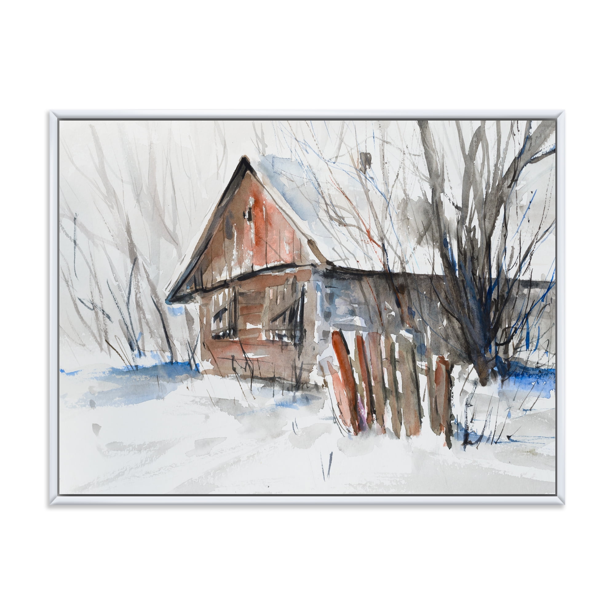 Designart 'Old Abandoned Wooden House In Winter Snow Picture' Traditional Framed Canvas Wall Art Print