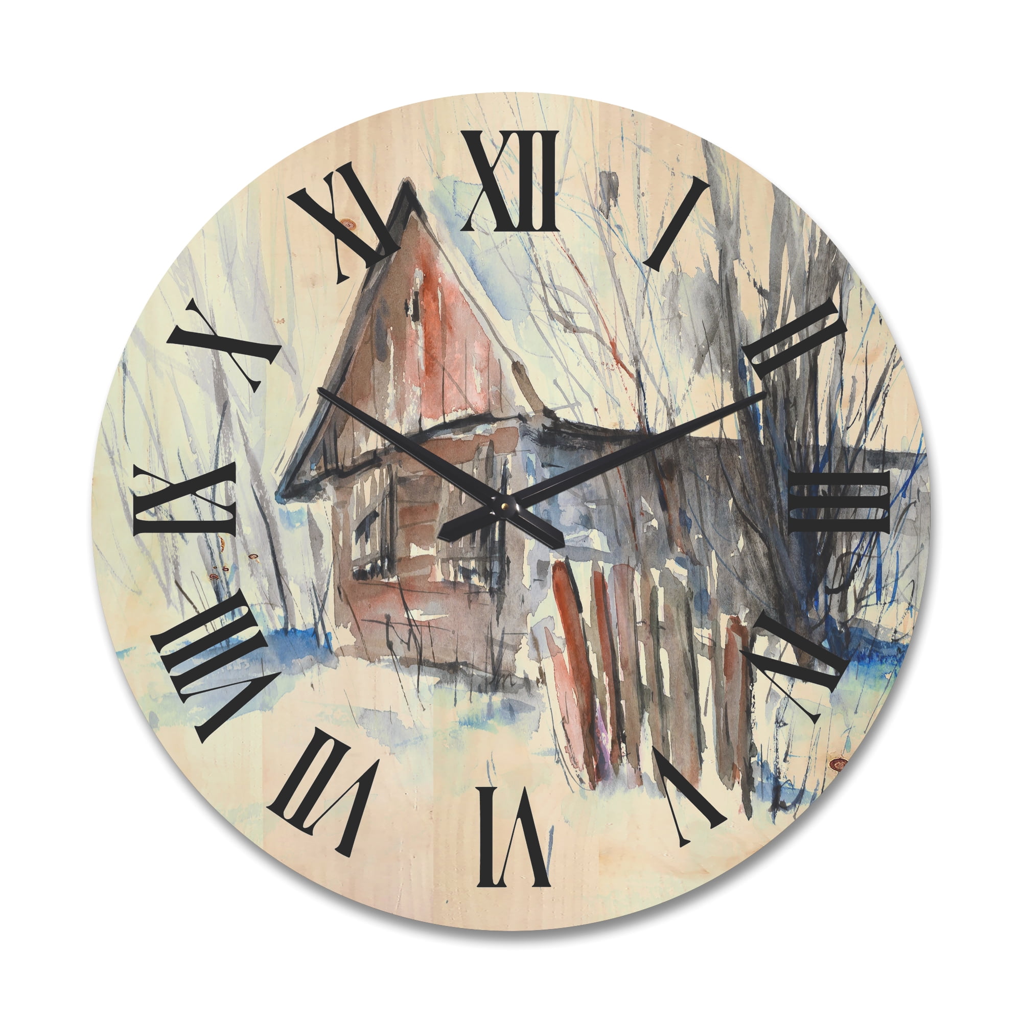Designart 'Old Abandoned Wooden House In Winter Snow Picture' Traditional Wood Wall Clock