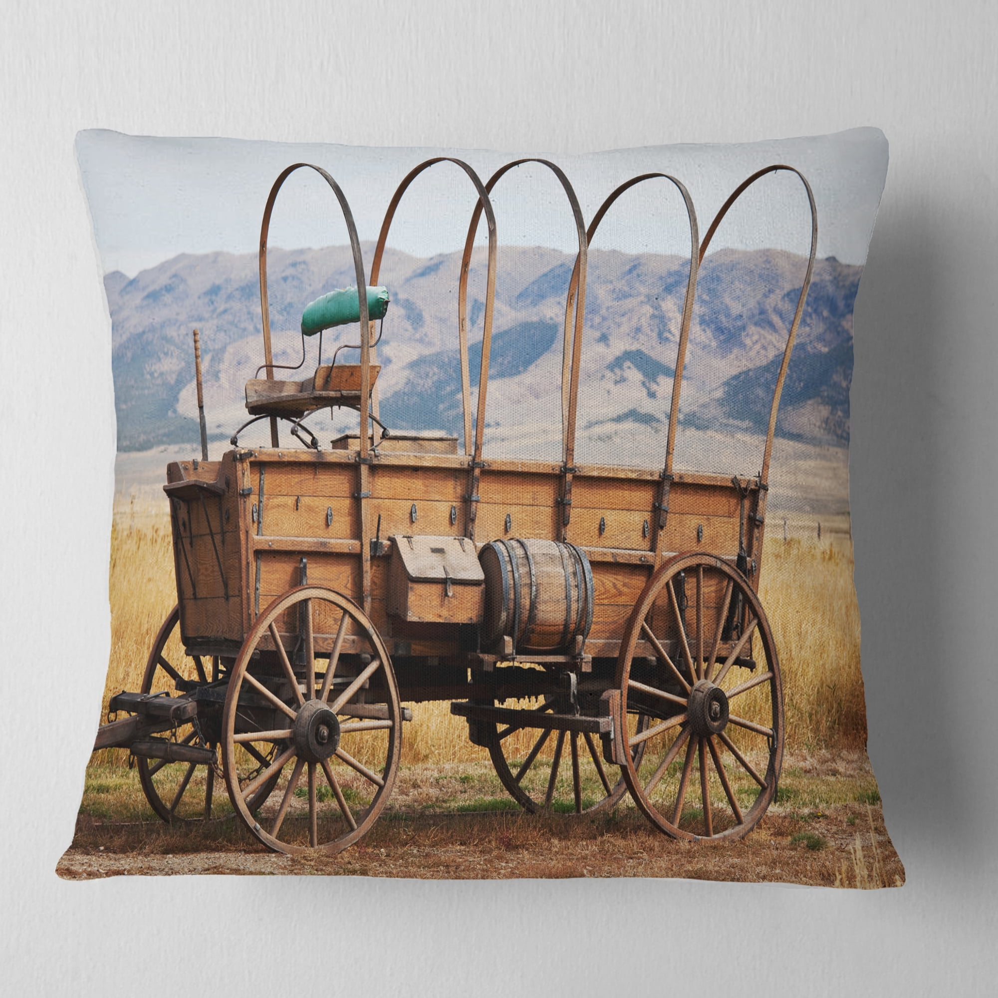 Designart Old American Cart in Grassland - Landscape Printed Throw Pillow - 18x18