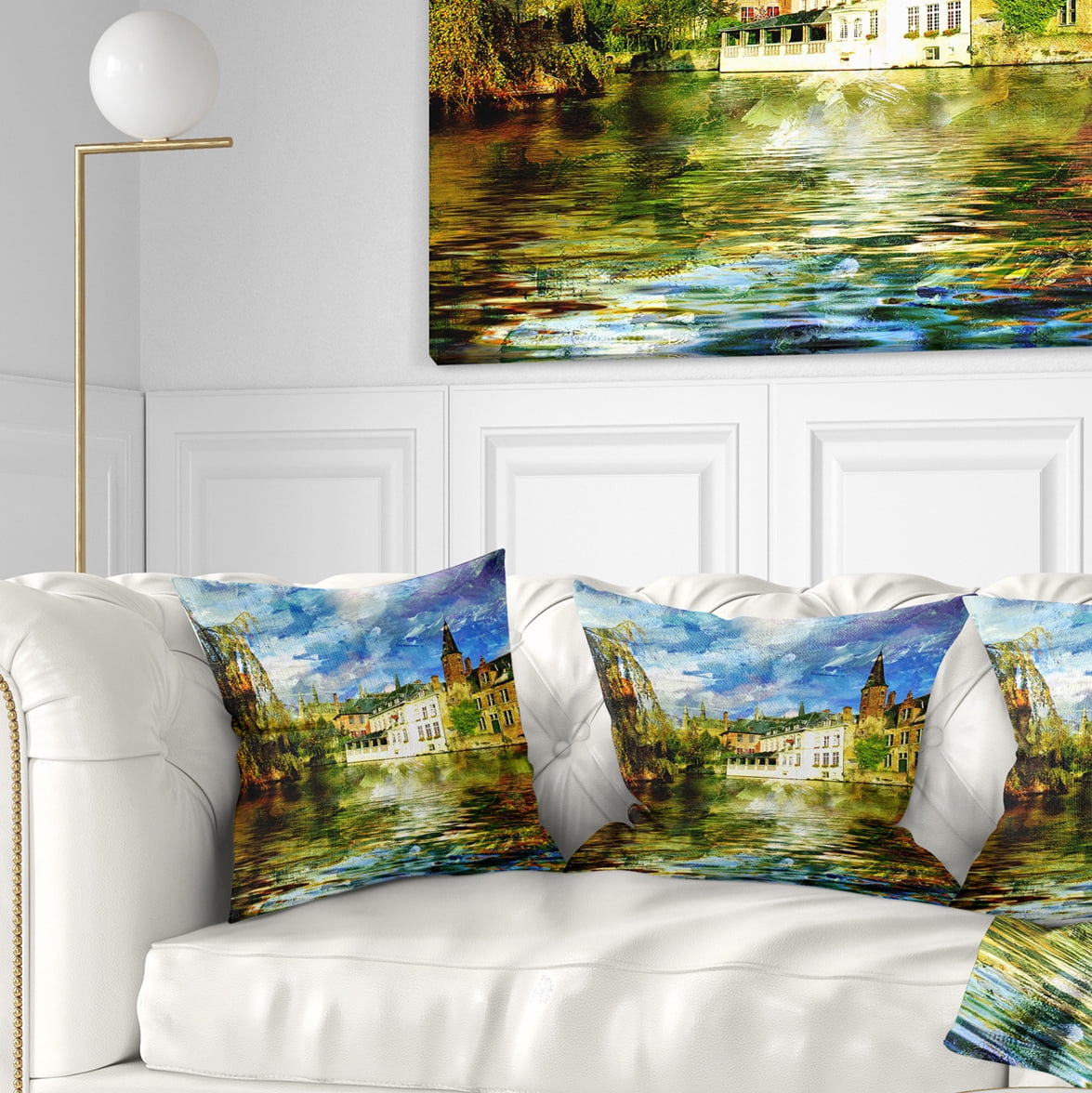 Designart Old Belgium Channel - Landscape Photography Throw Pillow - 18x18