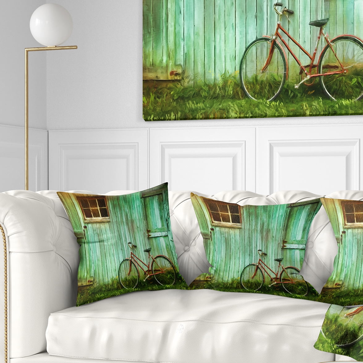 Designart Old Bicycle against Barn - Landscape Photo Throw Pillow - 18x18