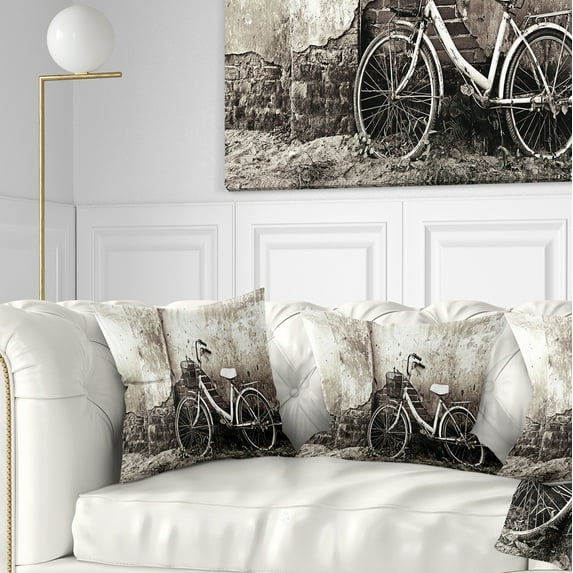 Designart Old Bicycle and Cracked Wall - Photography Throw Pillow - 18x18