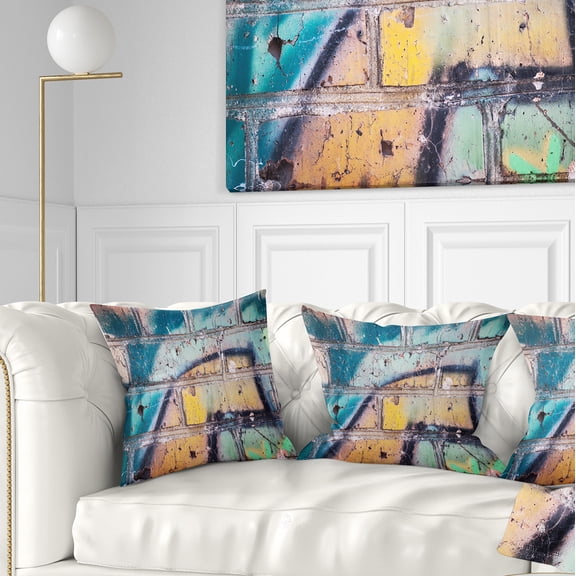 Designart Old Brick Graffiti - Street Art Throw Pillow - 16x16