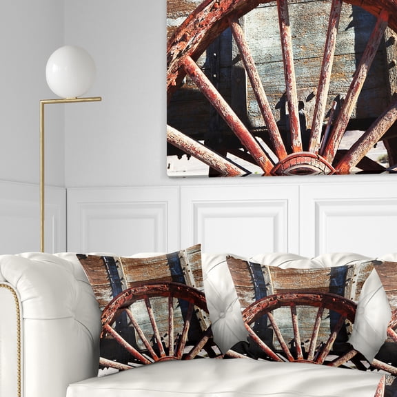 Designart Old Brown Cart Wheel - Landscape Printed Throw Pillow - 16x16