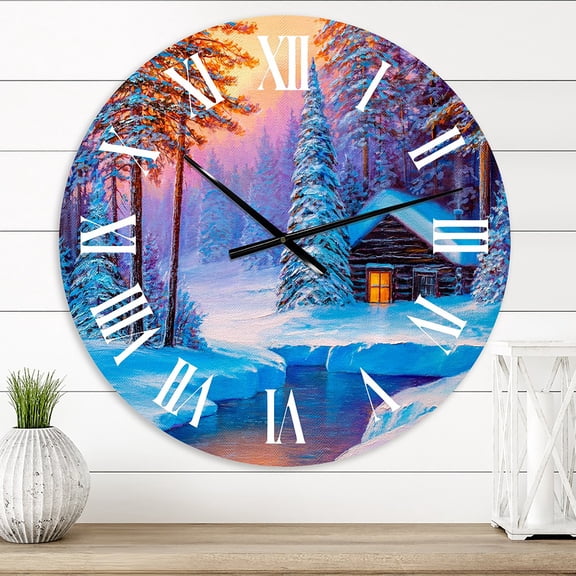 Designart 'Old Cabin In Winter Forest I' Traditional Wall Clock