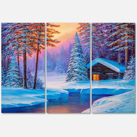 Designart ' Old Cabin In Winter Forest In Evening Glow I ' Traditional Canvas Wall Art Print