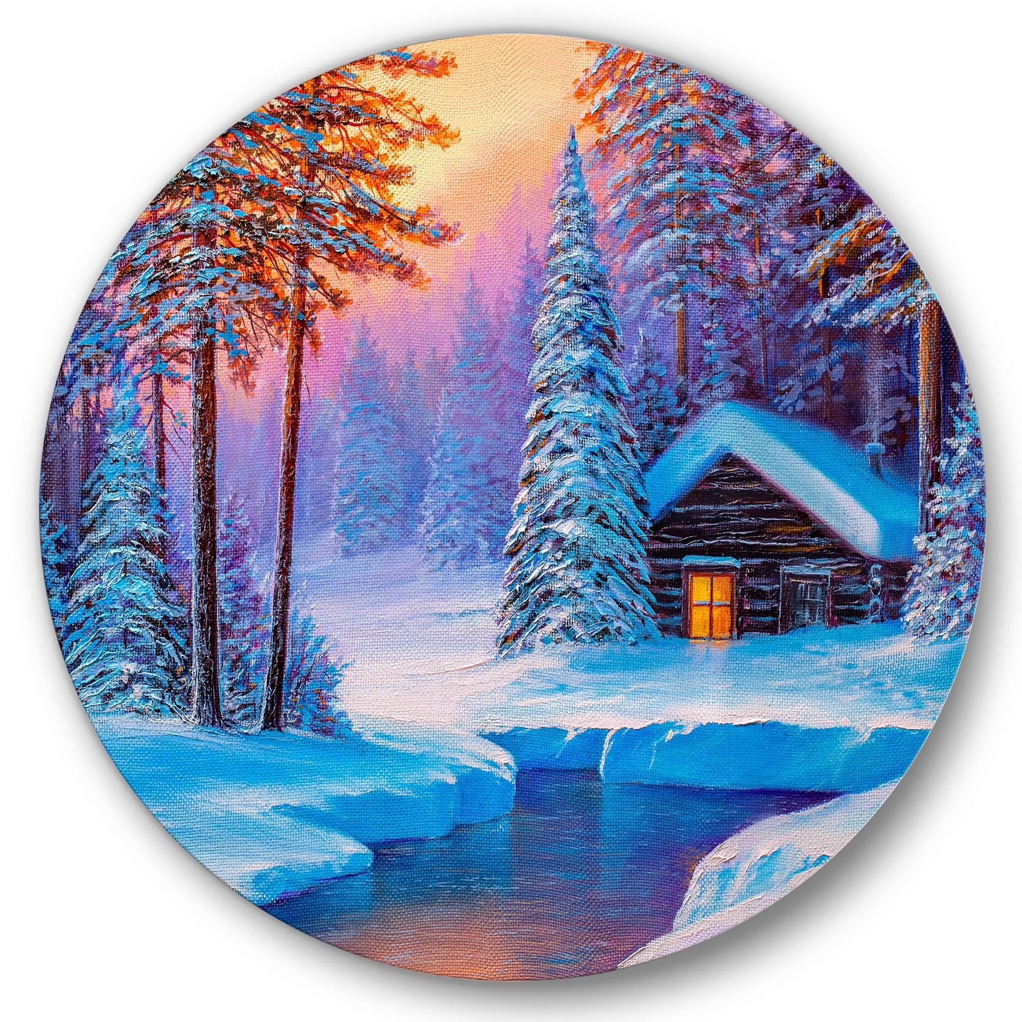 Designart 'Old Cabin In Winter Forest In Evening Glow I' Traditional Circle Metal Wall Art 29x29 - Disc of 29
