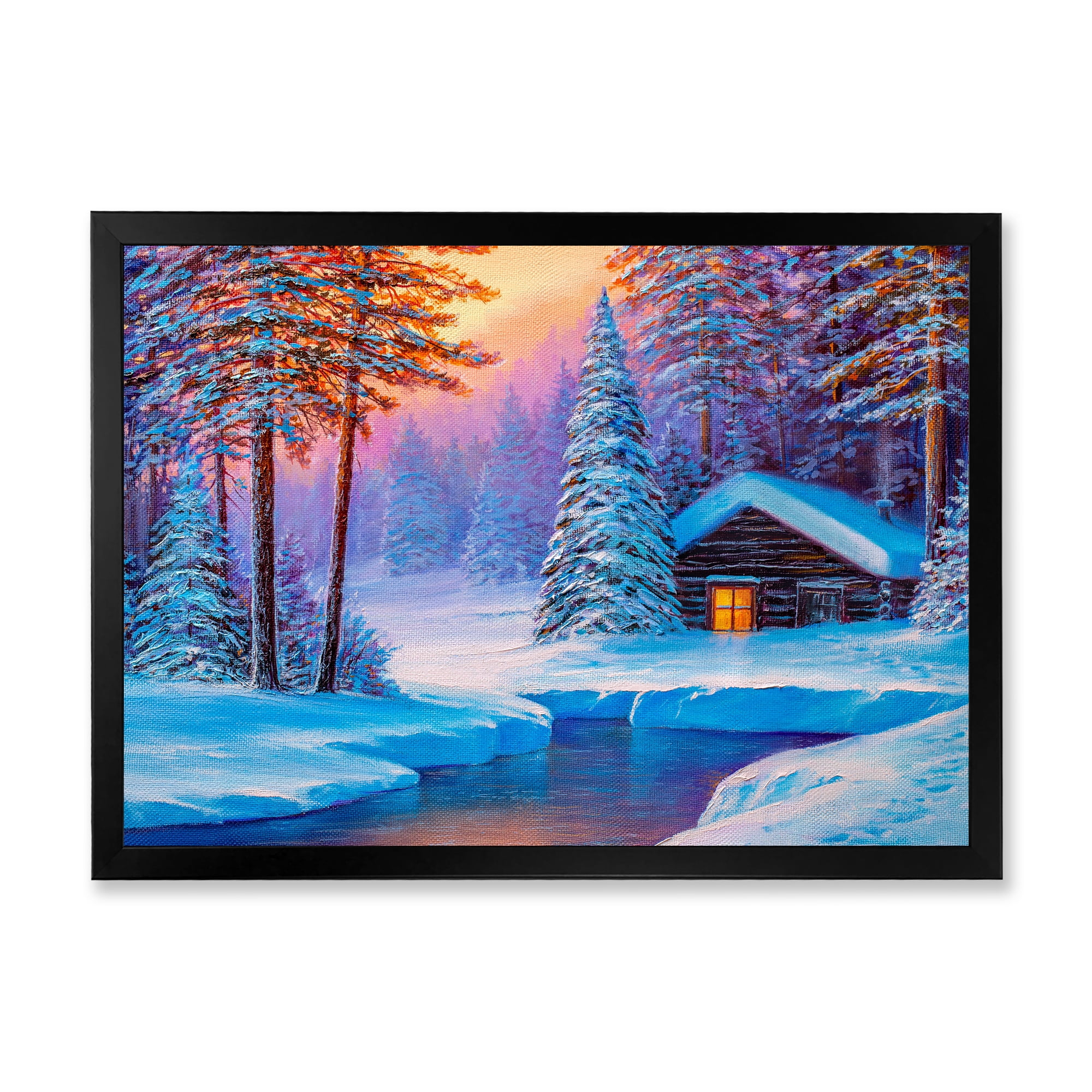 Designart 'Old Cabin In Winter Forest In Evening Glow I' Traditional Framed Art Print