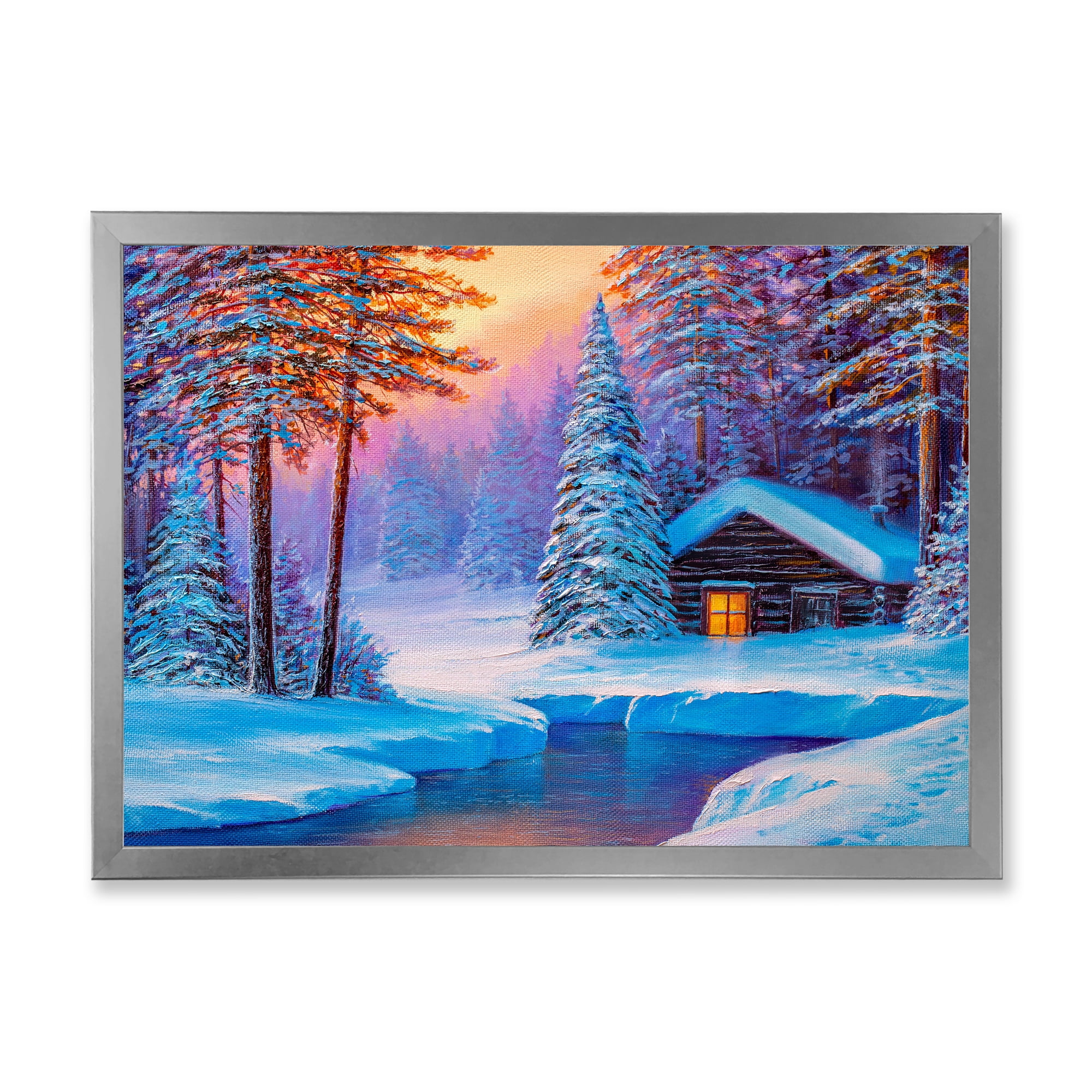 Designart 'Old Cabin In Winter Forest In Evening Glow I' Traditional Framed Art Print