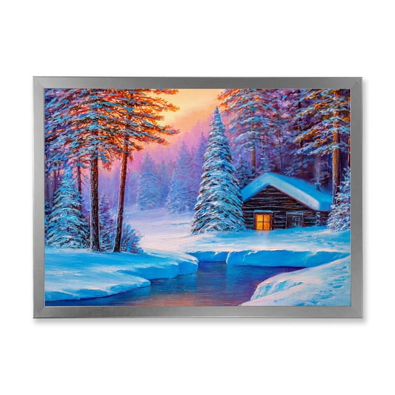 Designart 'Old Cabin In Winter Forest In Evening Glow I' Traditional Framed Art Print
