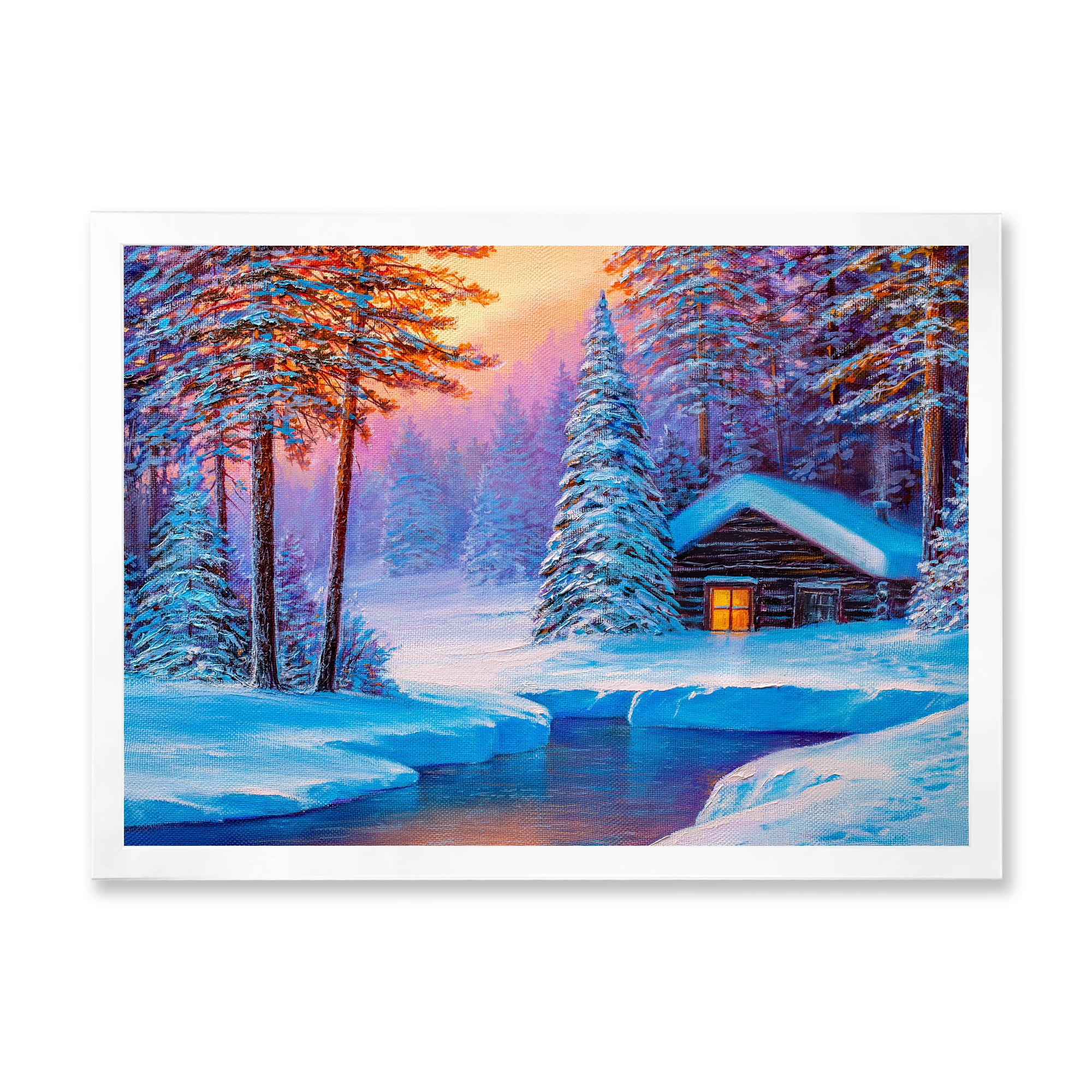 Designart 'Old Cabin In Winter Forest In Evening Glow I' Traditional Framed Art Print