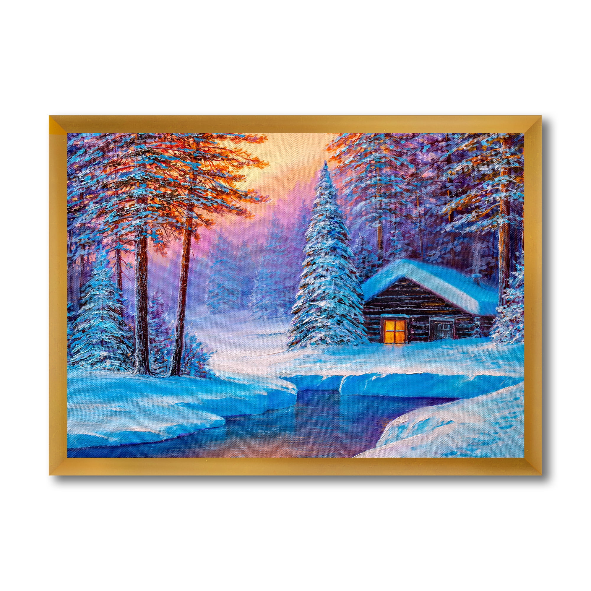 Designart 'Old Cabin In Winter Forest In Evening Glow I' Traditional Framed Art Print
