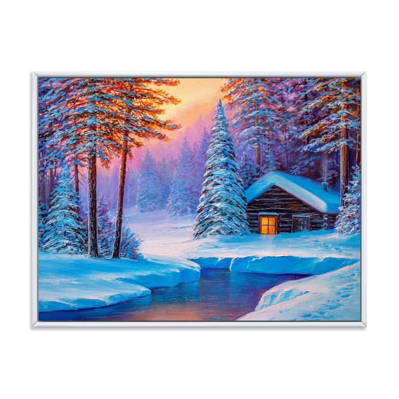 Designart 'Old Cabin In Winter Forest In Evening Glow I' Traditional Framed Canvas Wall Art Print