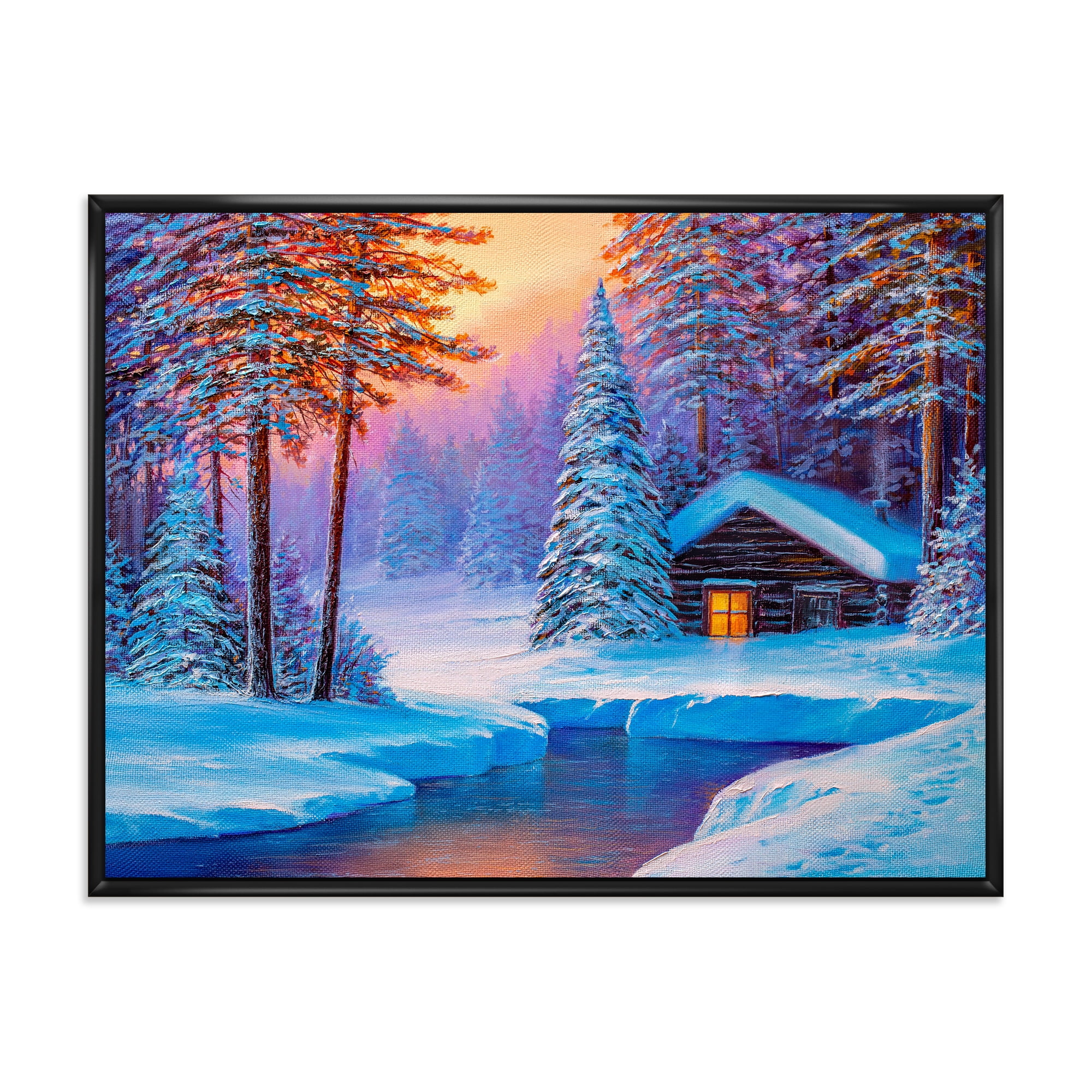 Designart 'Old Cabin In Winter Forest In Evening Glow I' Traditional Framed Canvas Wall Art Print