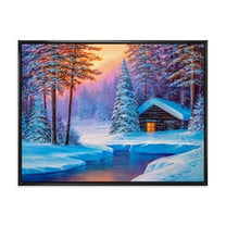 Designart 'Old Cabin In Winter Forest In Evening Glow I' Traditional Framed Canvas Wall Art Print