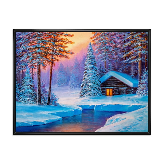 Designart 'Old Cabin In Winter Forest In Evening Glow I' Traditional Framed Canvas Wall Art Print