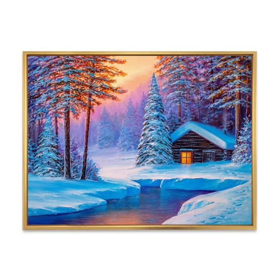 Designart 'Old Cabin In Winter Forest In Evening Glow I' Traditional Framed Canvas Wall Art Print