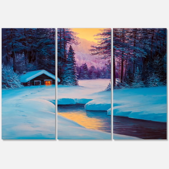 Designart ' Old Cabin In Winter Forest In Evening Glow II ' Traditional Canvas Wall Art Print