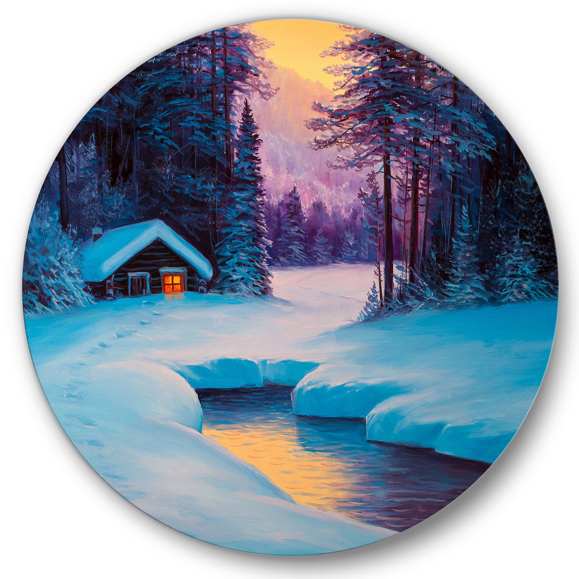 Designart 'Old Cabin In Winter Forest In Evening Glow II' Traditional Circle Metal Wall Art 29x29 - Disc of 29
