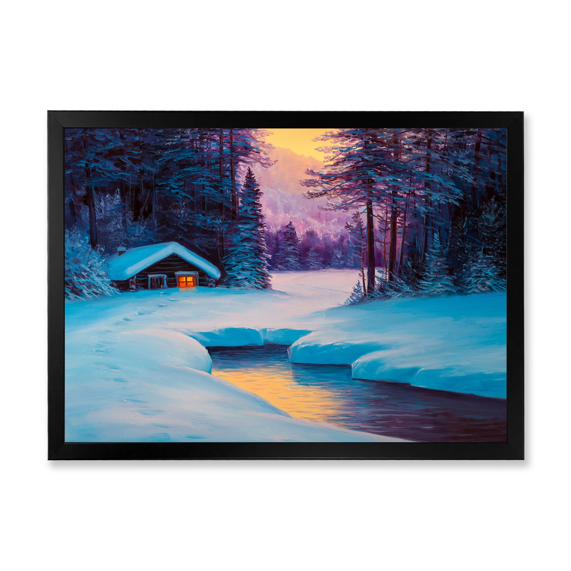Designart 'Old Cabin In Winter Forest In Evening Glow II' Traditional Framed Art Print