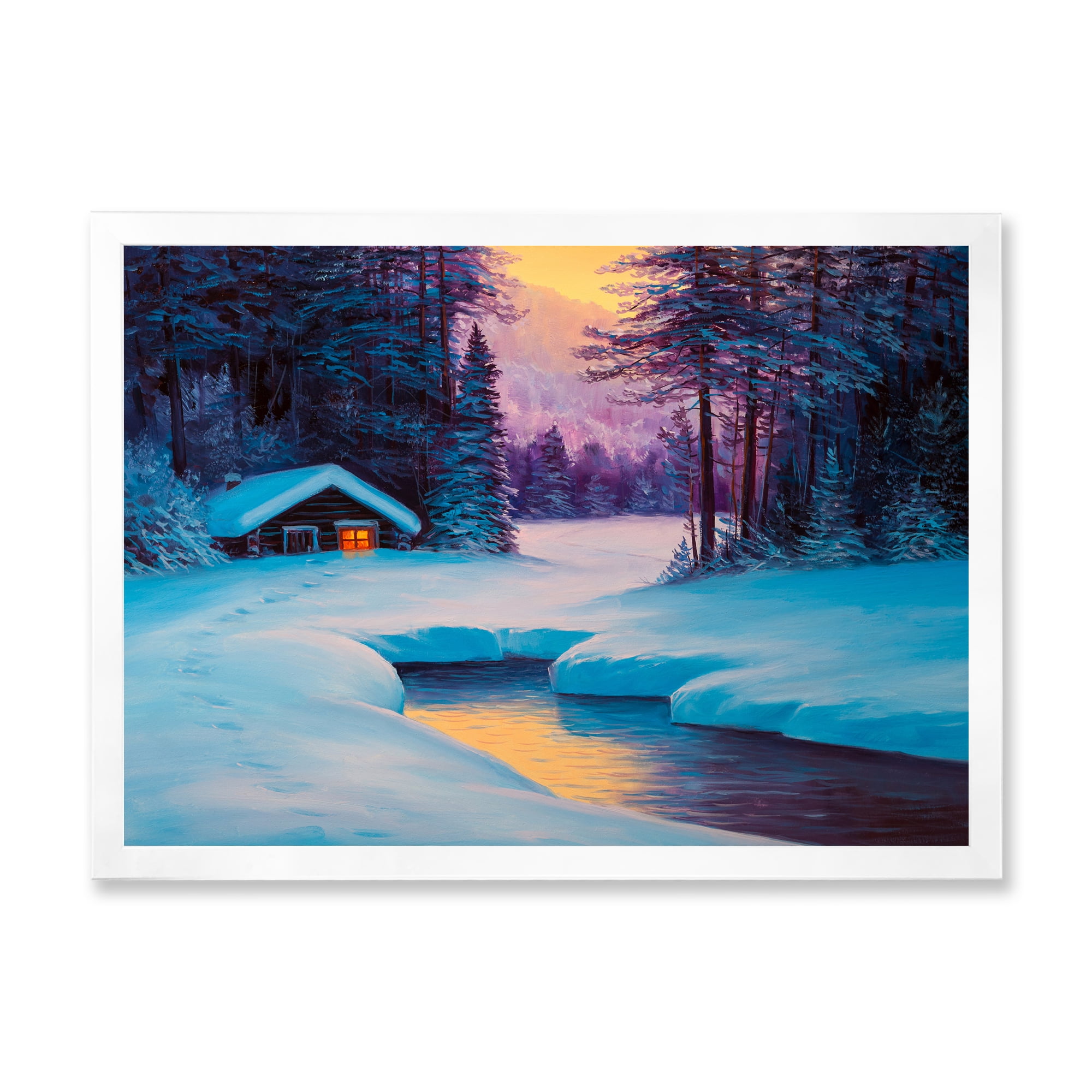 Designart 'Old Cabin In Winter Forest In Evening Glow II' Traditional Framed Art Print