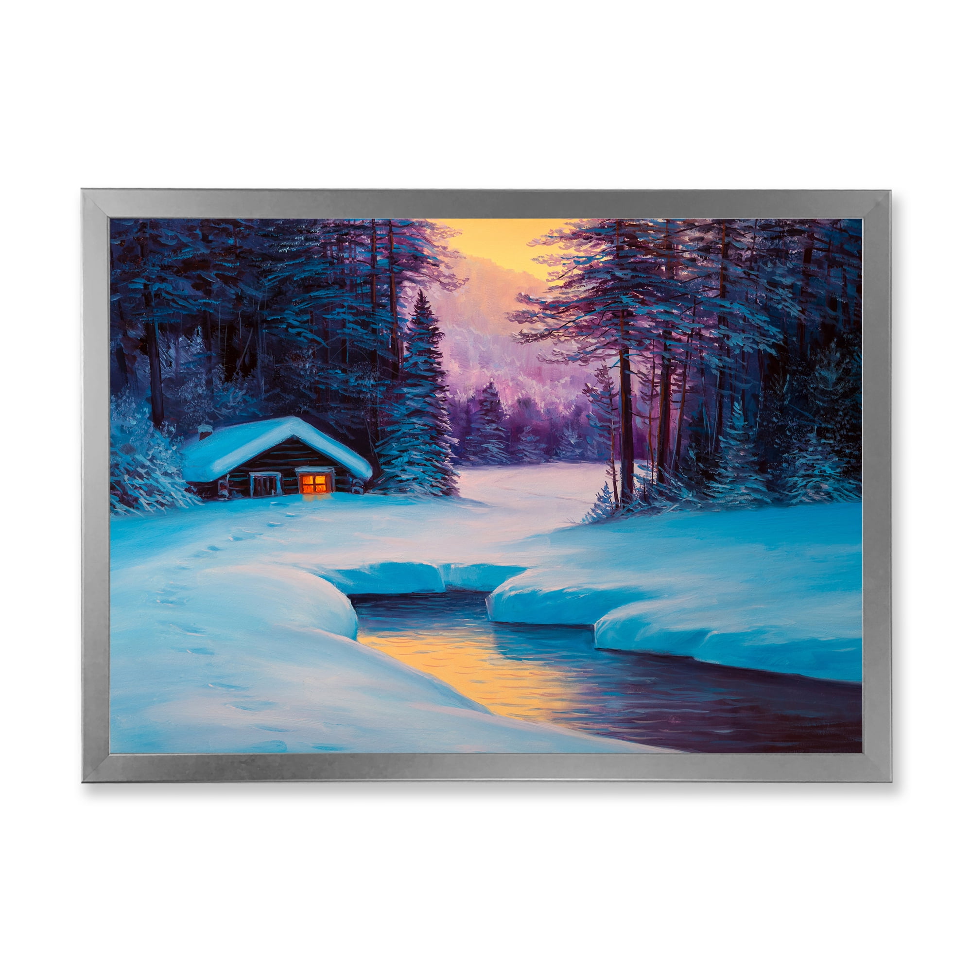 Designart 'Old Cabin In Winter Forest In Evening Glow II' Traditional Framed Art Print