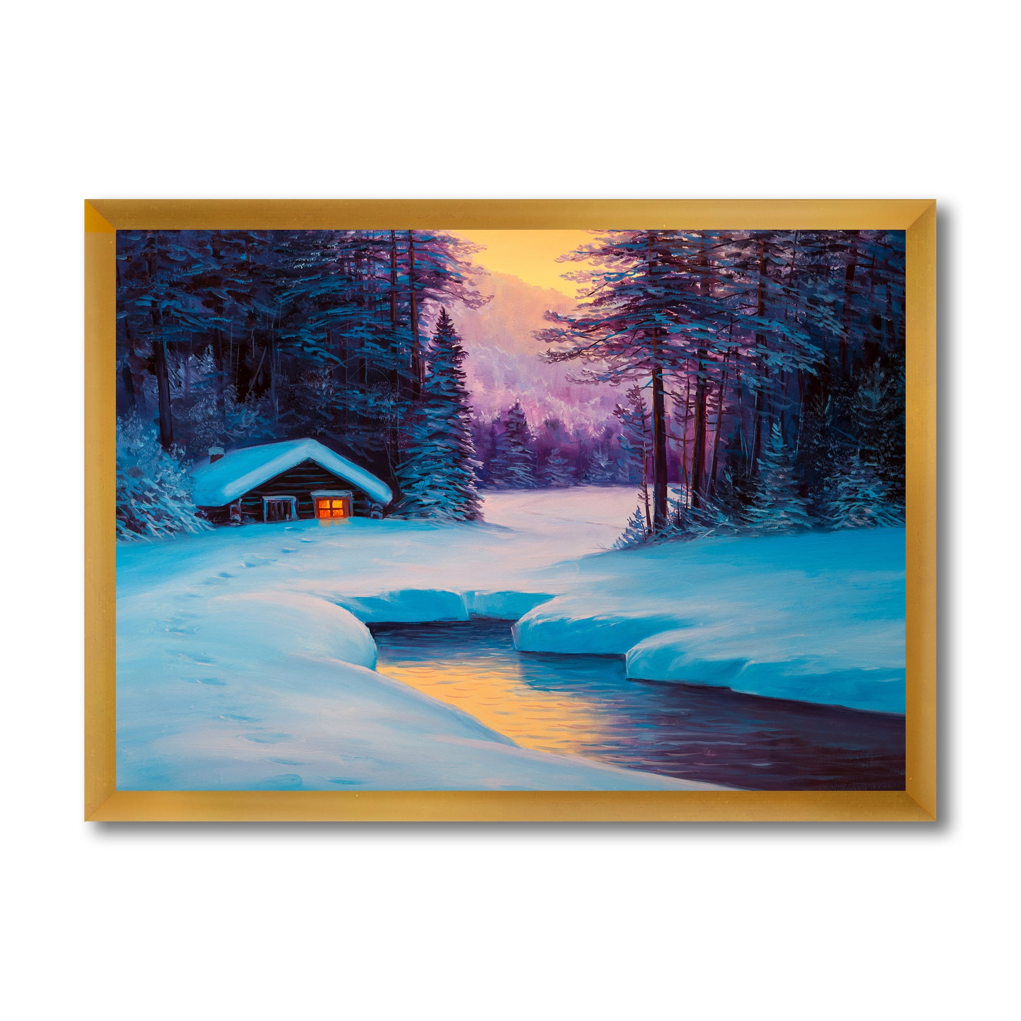 Designart 'Old Cabin In Winter Forest In Evening Glow II' Traditional Framed Art Print