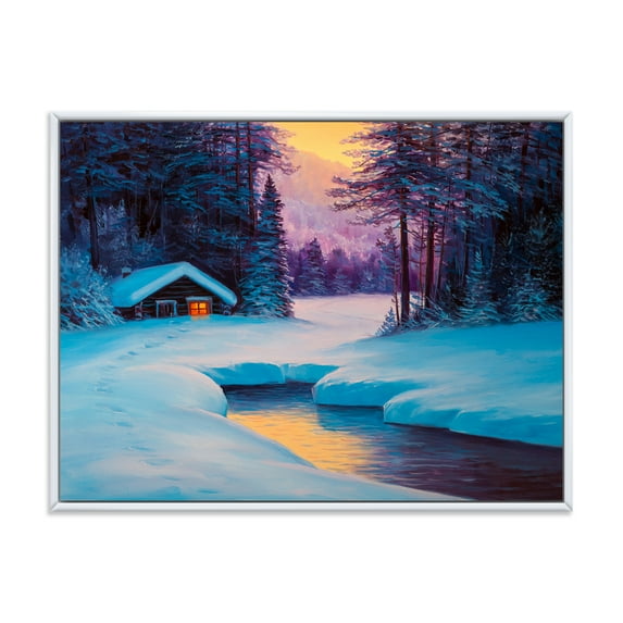 Designart 'Old Cabin In Winter Forest In Evening Glow II' Traditional Framed Canvas Wall Art Print