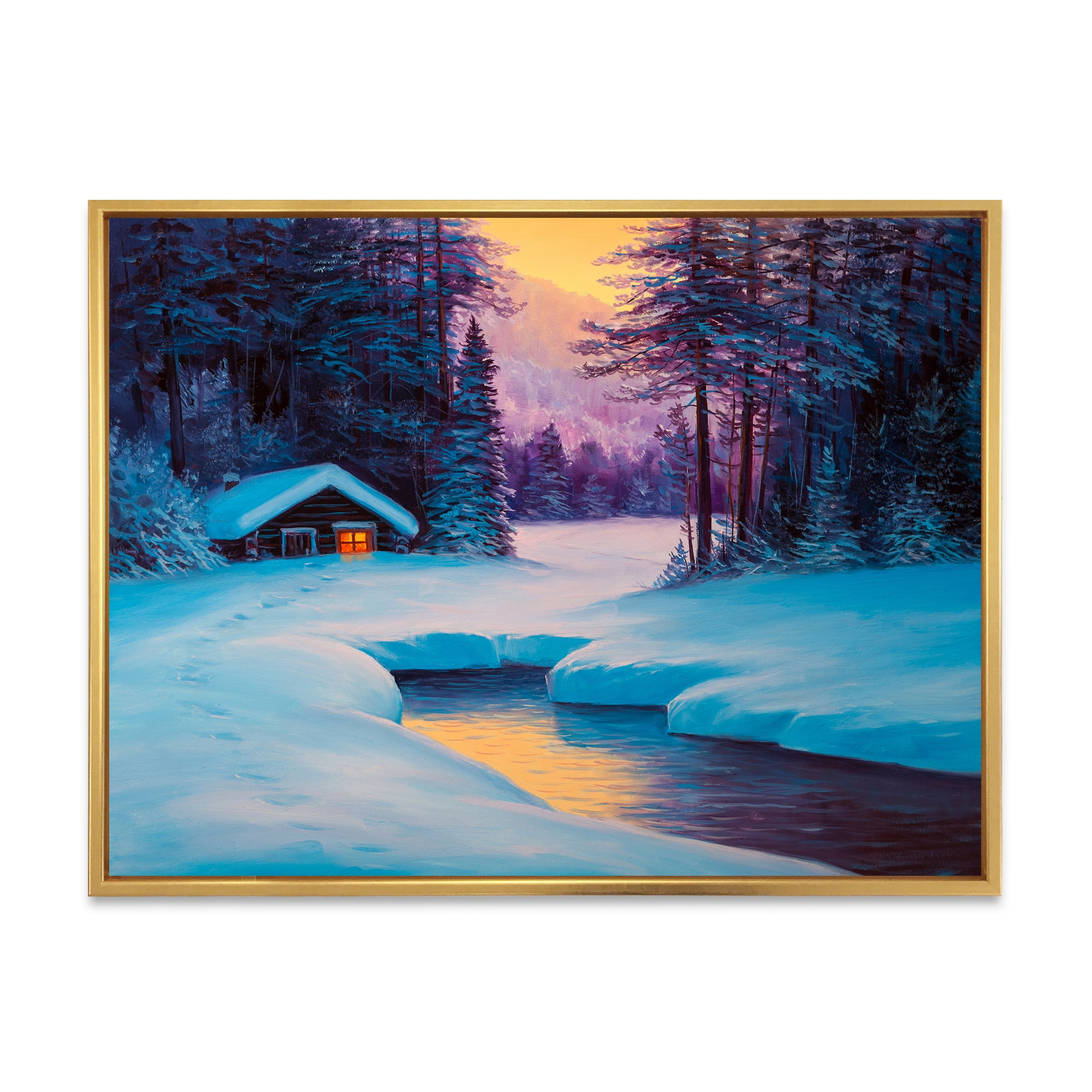 Designart 'Old Cabin In Winter Forest In Evening Glow II' Traditional Framed Canvas Wall Art Print