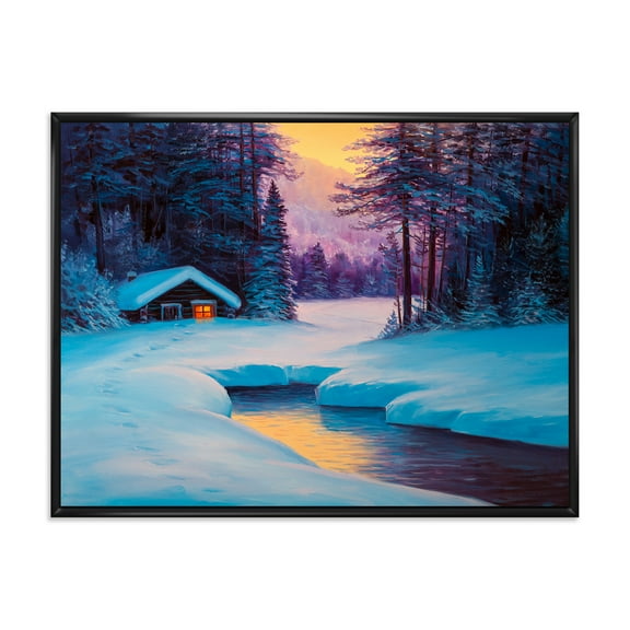 Designart 'Old Cabin In Winter Forest In Evening Glow II' Traditional Framed Canvas Wall Art Print