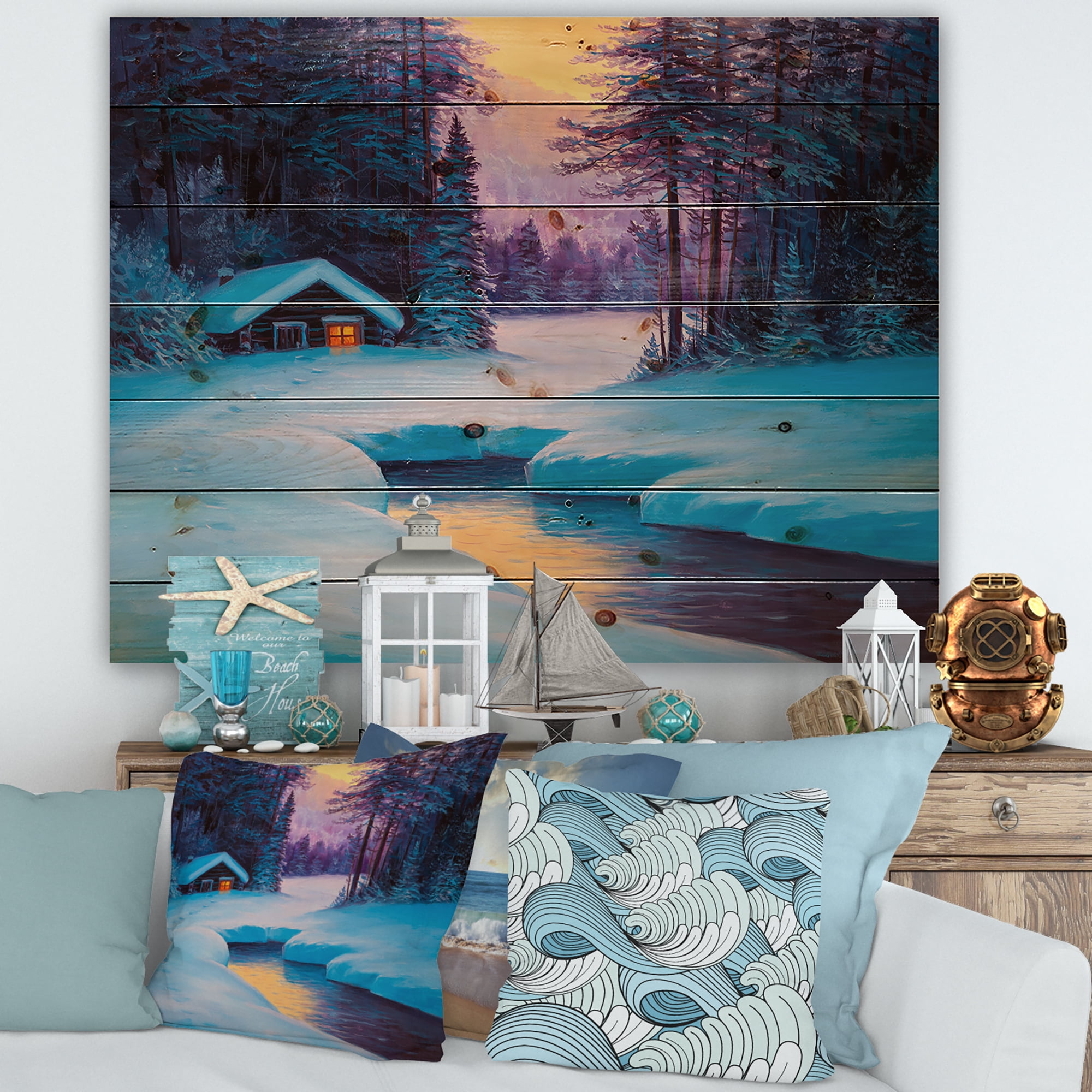 Designart 'Old Cabin In Winter Forest In Evening Glow II' Traditional Print on Natural Pine Wood