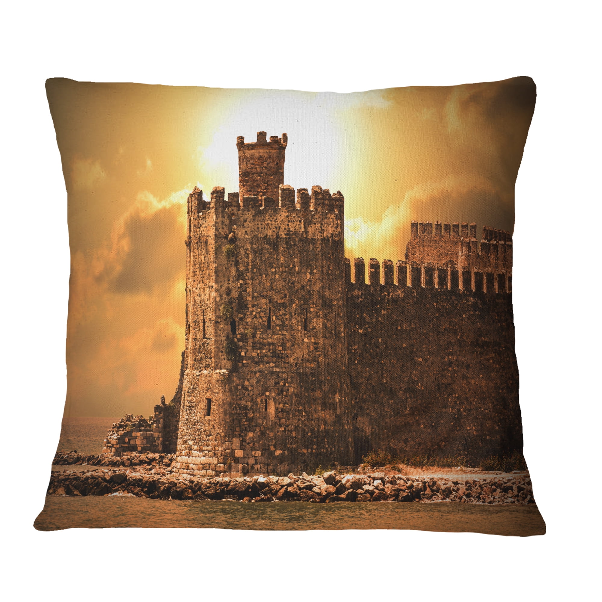 Designart Old Castle at Sunset - Landscape Printed Throw Pillow - 16x16