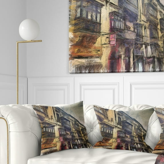 Designart Old City Street Watercolor Painting - Cityscape Throw Pillow - 16x16