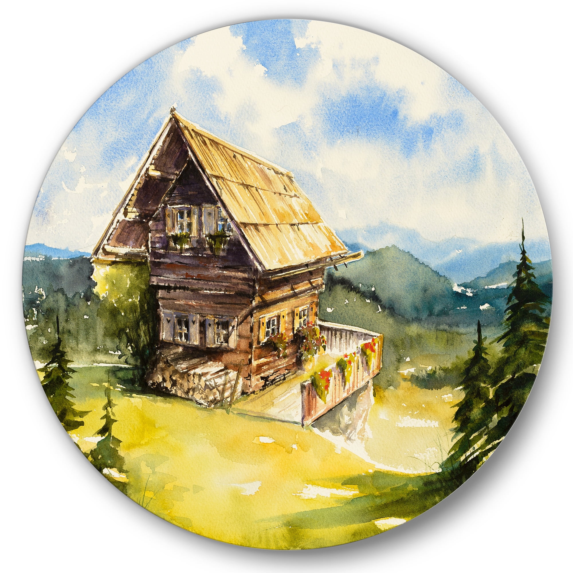 Designart 'Old Cottage At Summer With Peaceful Landscape' Traditional Circle Metal Wall Art 29x29 - Disc of 29