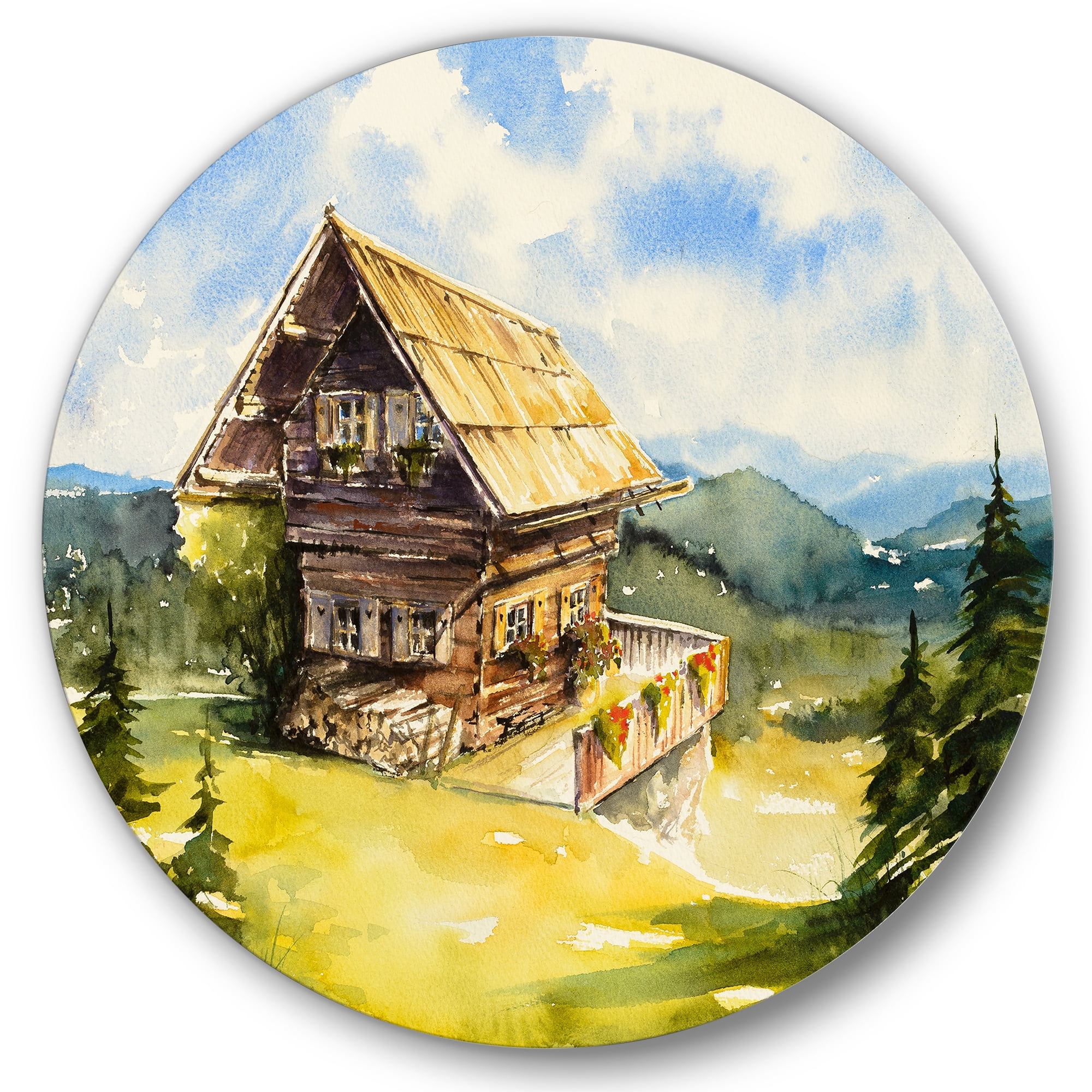 Designart 'Old Cottage At Summer With Peaceful Landscape' Traditional Circle Metal Wall Art 36x36 - Disc of 36