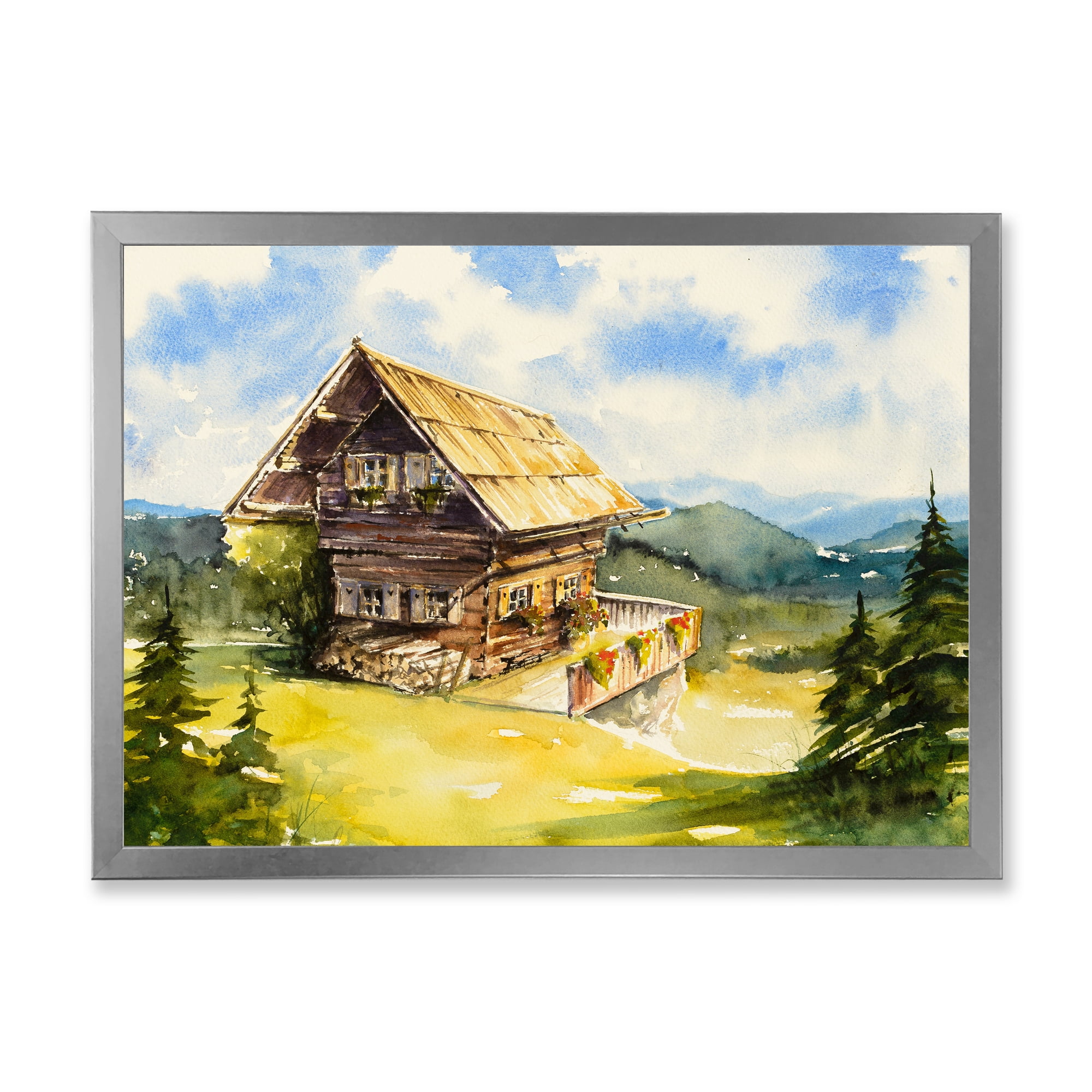 Designart 'Old Cottage At Summer With Peaceful Landscape' Traditional Framed Art Print