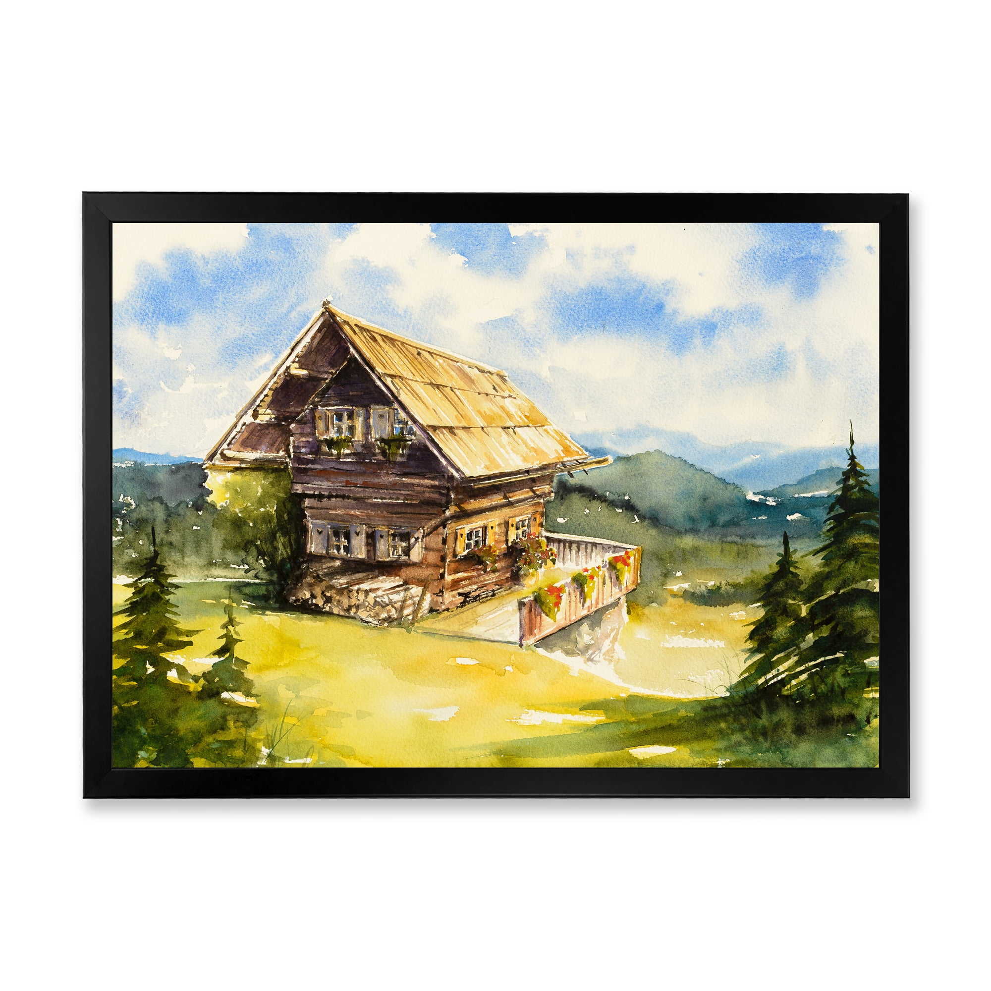 Designart 'Old Cottage At Summer With Peaceful Landscape' Traditional Framed Art Print