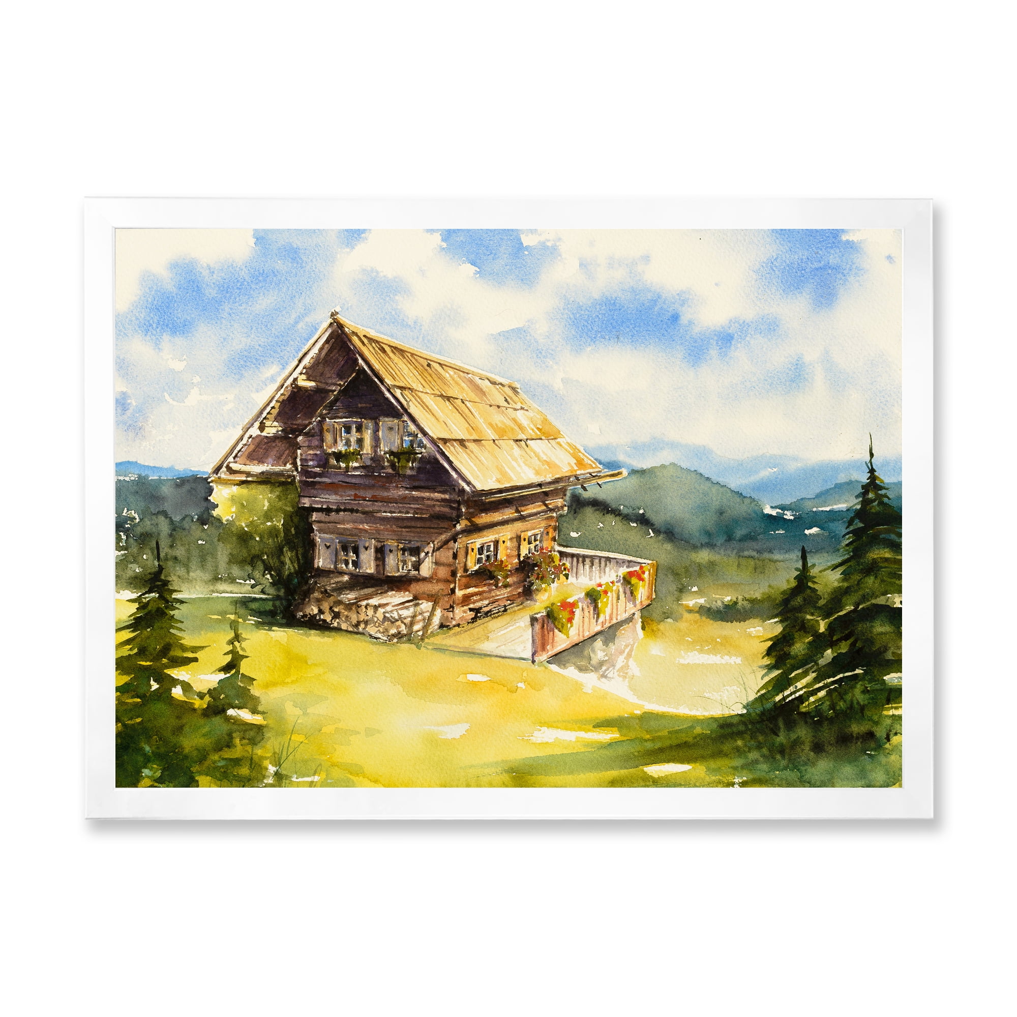 Designart 'Old Cottage At Summer With Peaceful Landscape' Traditional Framed Art Print