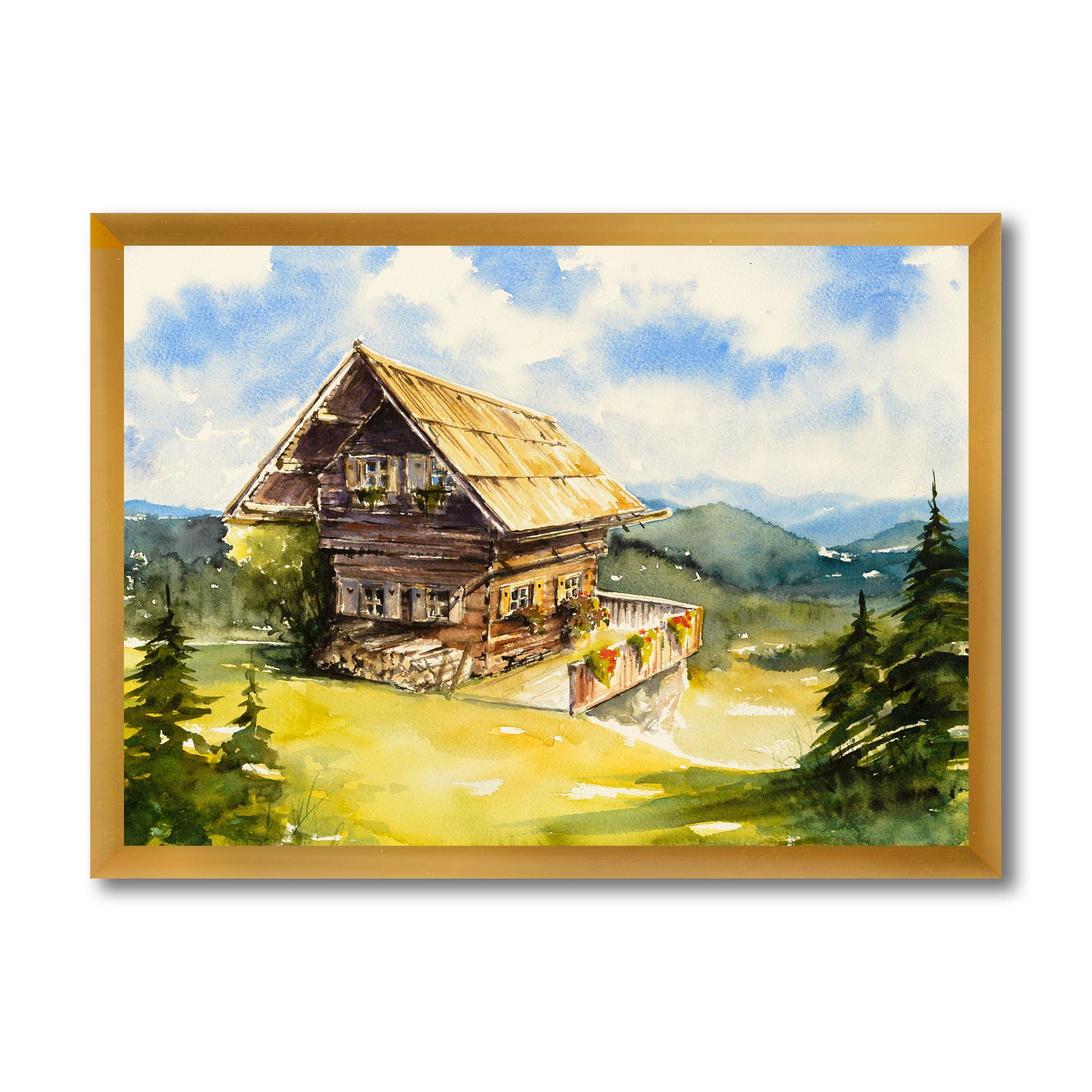 Designart 'Old Cottage At Summer With Peaceful Landscape' Traditional Framed Art Print