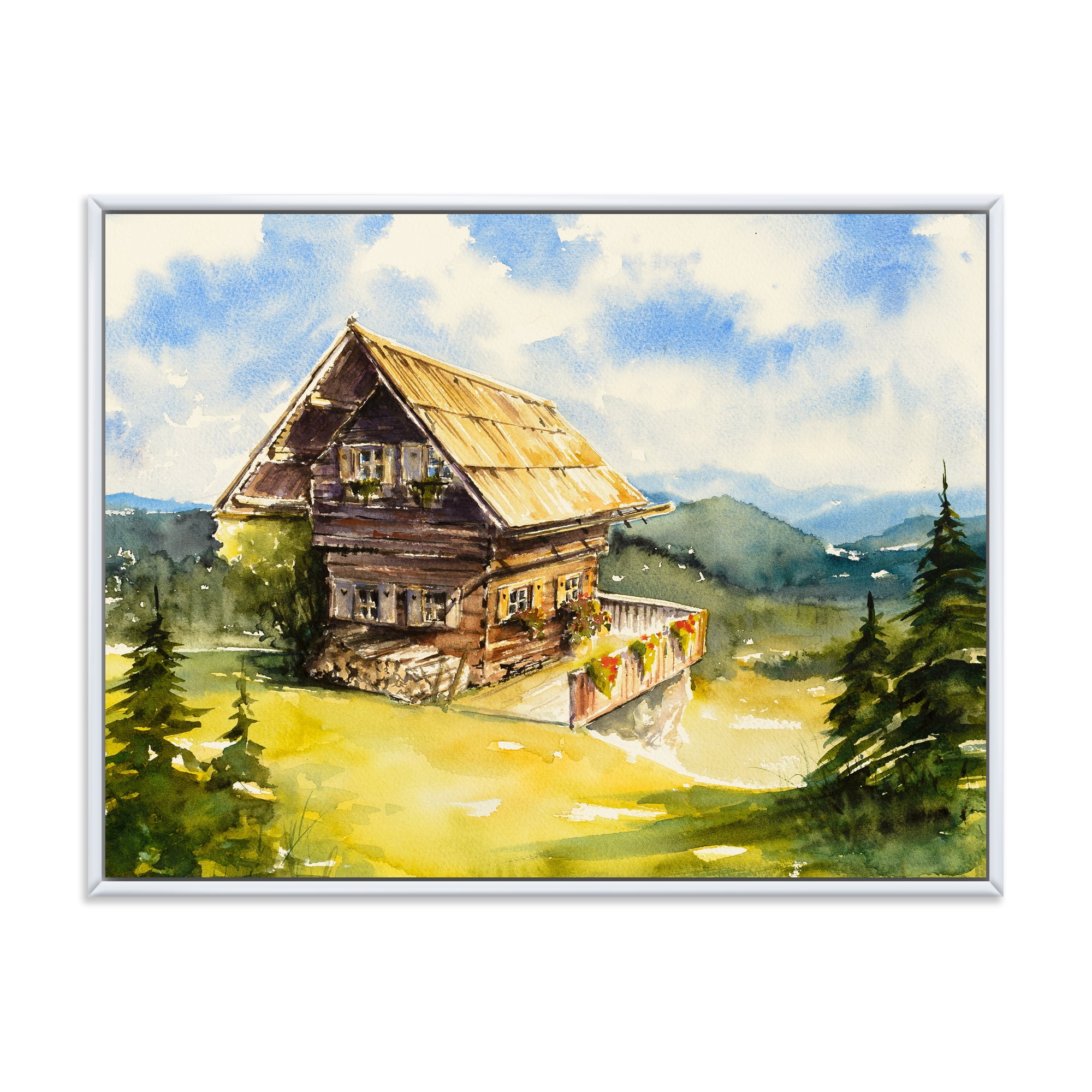 Designart 'Old Cottage At Summer With Peaceful Landscape' Traditional Framed Canvas Wall Art Print