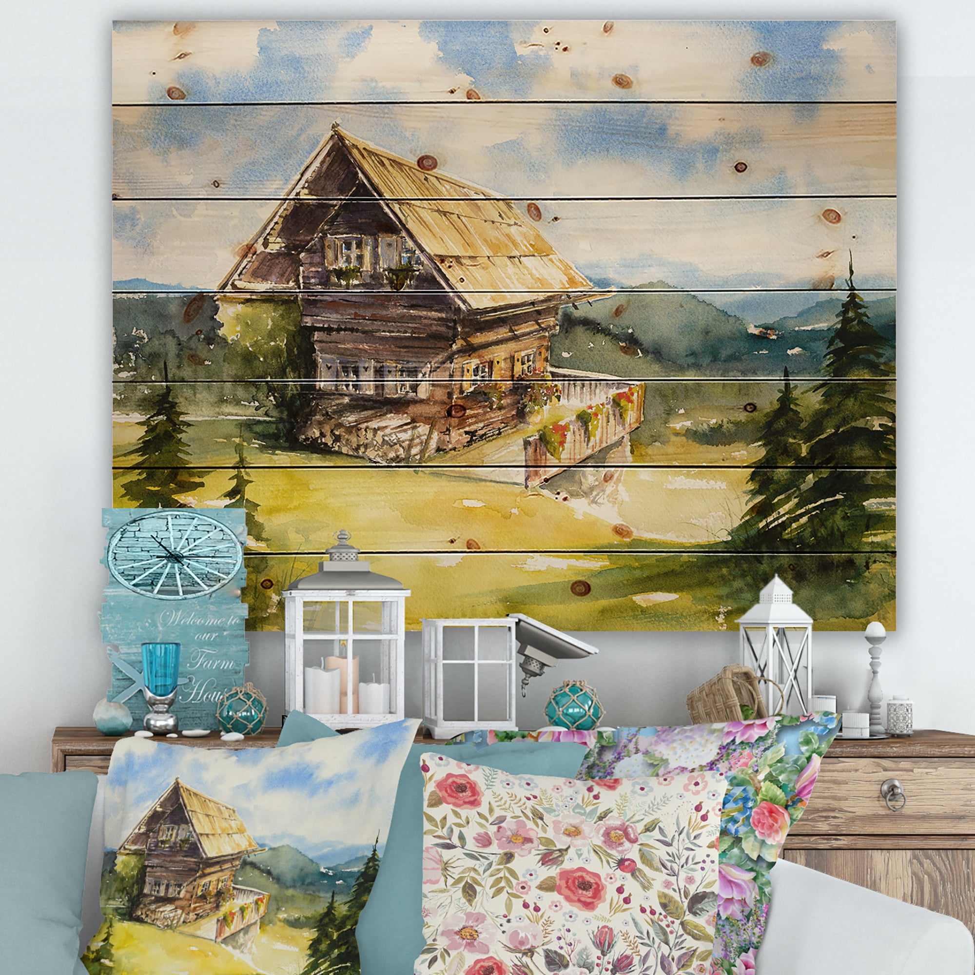 Designart 'Old Cottage At Summer With Peaceful Landscape' Traditional Print on Natural Pine Wood